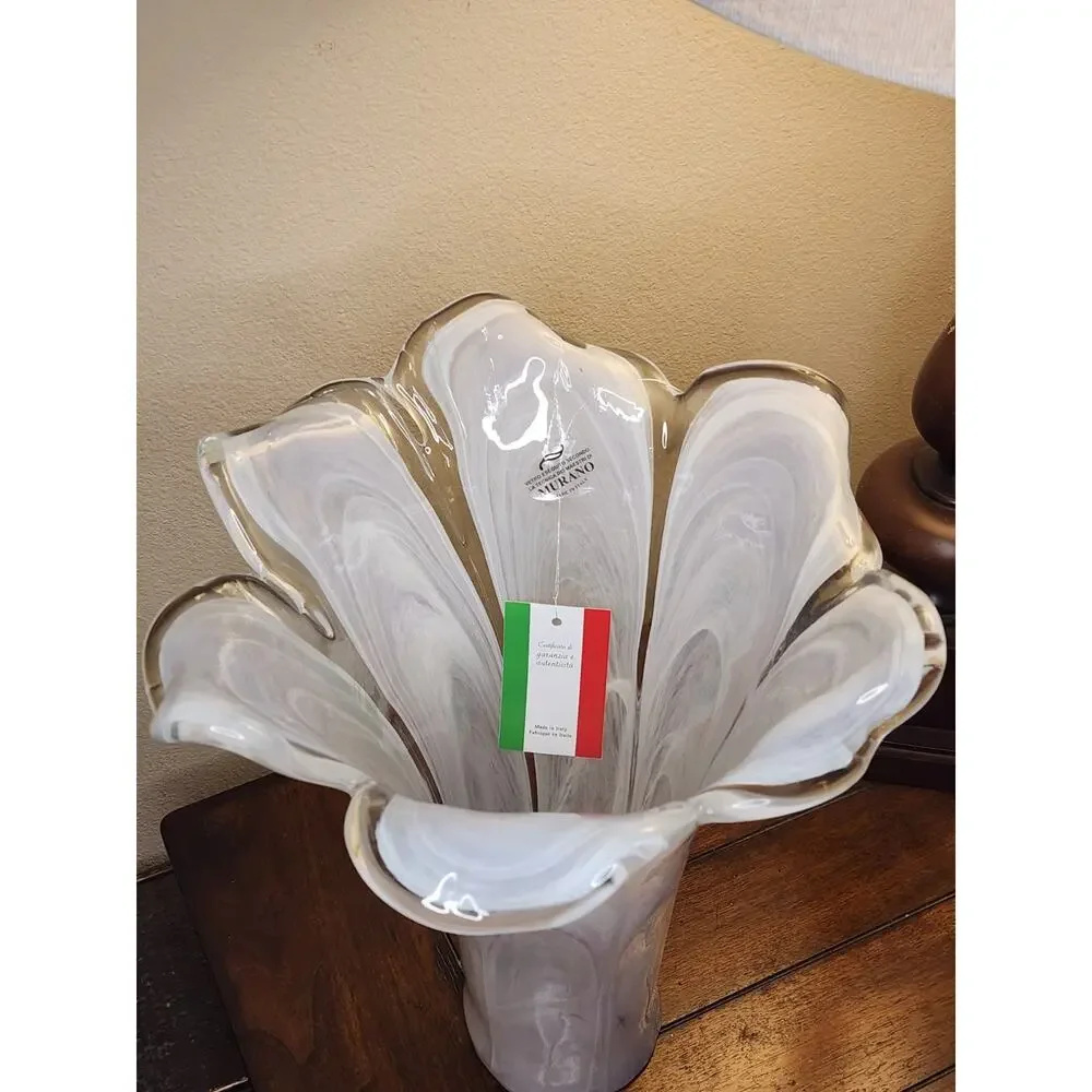 NEW Ruffled Top MURANO Italian Blown Art Glass Swung Vase Purple White Swirl 15